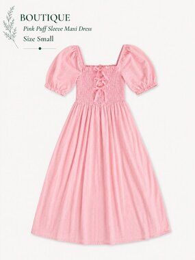 Boutique Pink Cotton Puff Sleeve Smocked Maxi Dress Size S